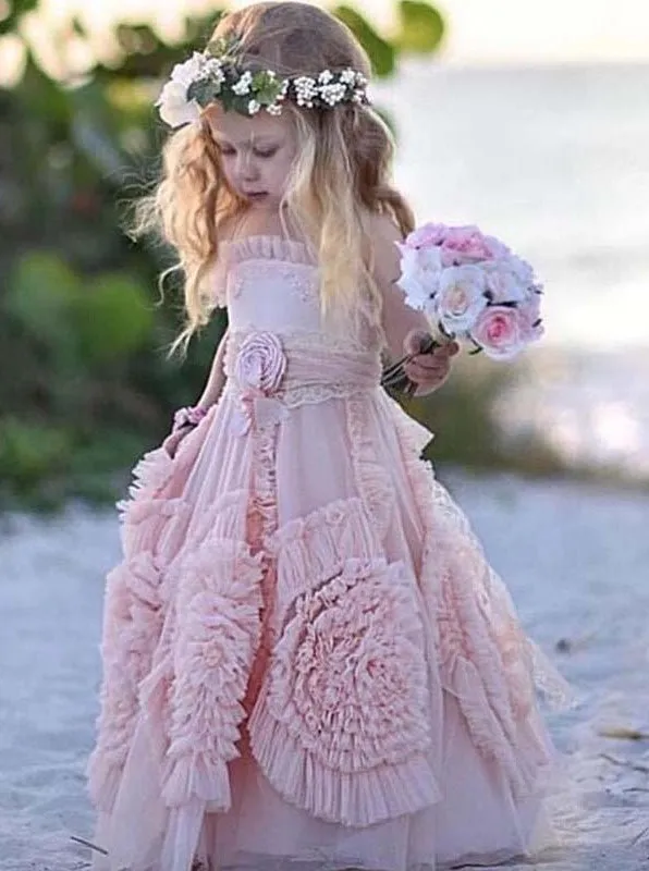 Chic Flower Girl Dress Halter Blush Tulle With Ruffles Flowers OF101